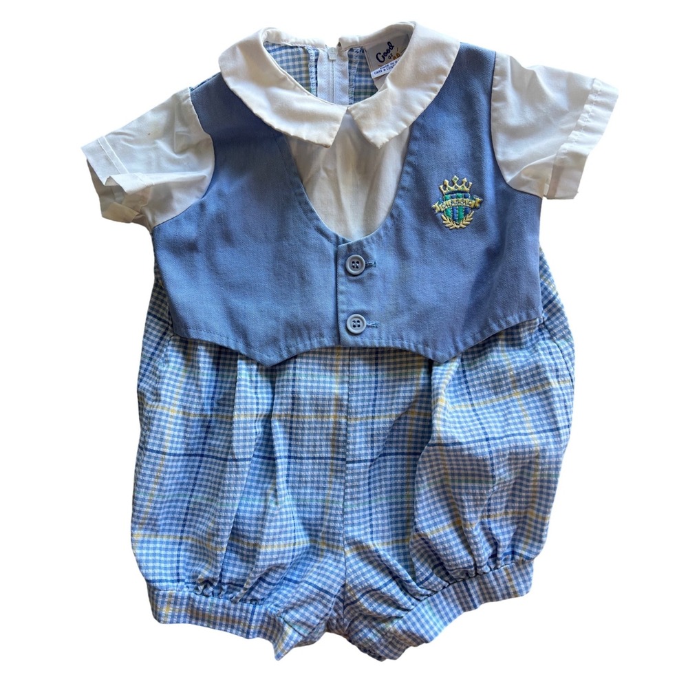 Vintage Good as Gold Baby Boy Plaid Bubble Romper Blue Yellow 18 Months USA Made